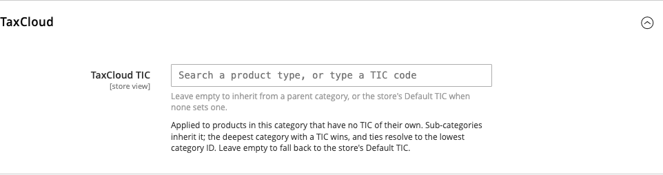 The TaxCloud section on a category, containing the TaxCloud TIC field