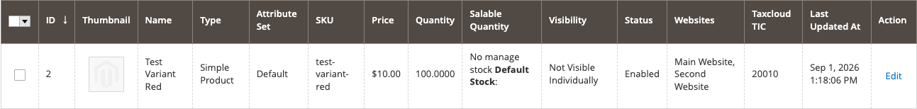 The product grid with a Taxcloud TIC column alongside name, type, SKU and price