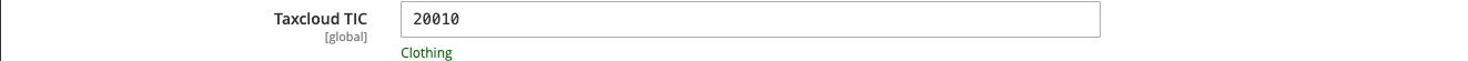 The Taxcloud TIC field on a product, showing code 20010 with its description, Clothing