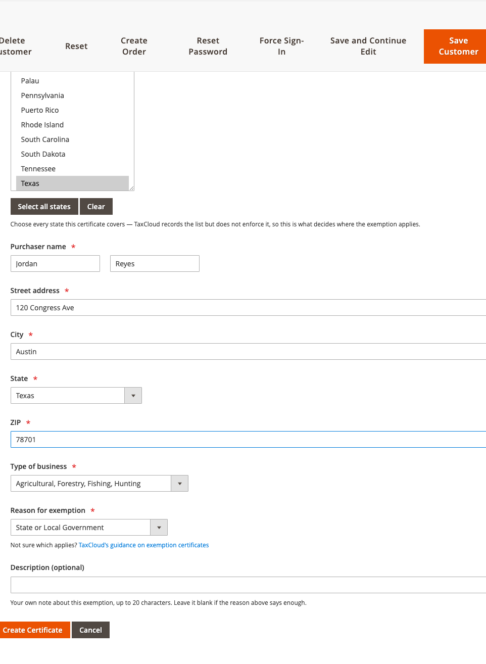 The New exemption certificate form, filled in with states, purchaser name and address, business type and exemption reason