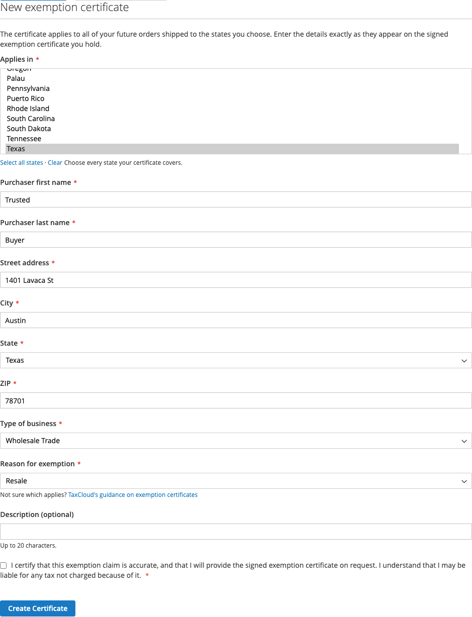 The Add Certificate form in My Account, with states, purchaser details, type of business, reason and the attestation checkbox