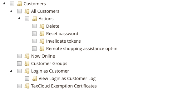 The Role Resources tree, with TaxCloud Exemption Certificates listed under Customers