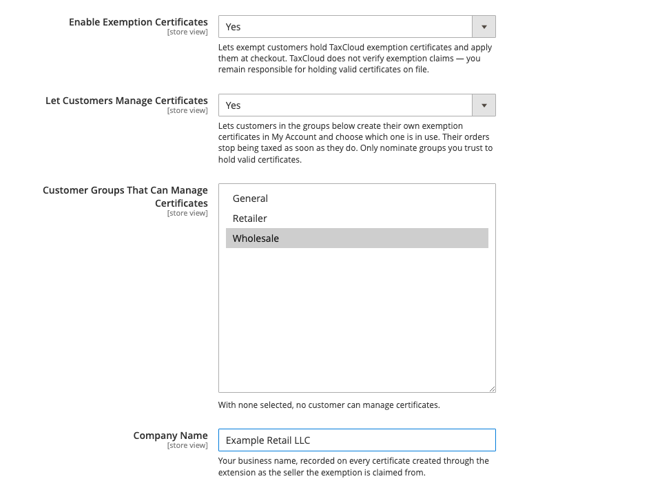 Enable Exemption Certificates set to Yes, revealing Let Customers Manage Certificates and the Company Name field beneath it