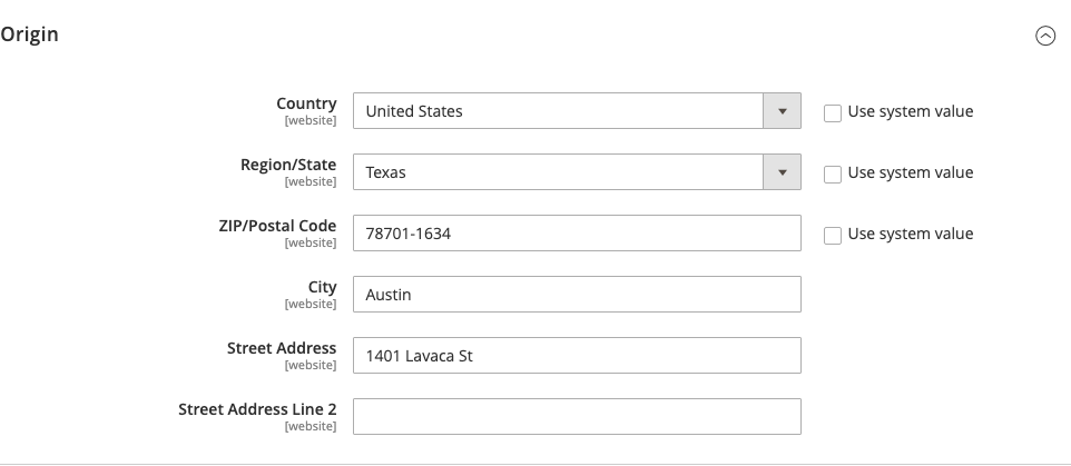 The Origin fieldset in Shipping Settings, with country, state, a full ZIP+4, city and street address filled in