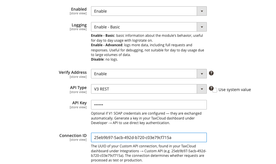 TaxCloud Settings showing Enabled, Logging, Verify Address, API Type set to V3 REST, and the Connection ID field