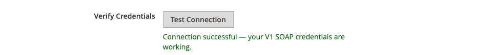 The Verify Credentials row, with the Test Connection button and a green "Connection successful" message