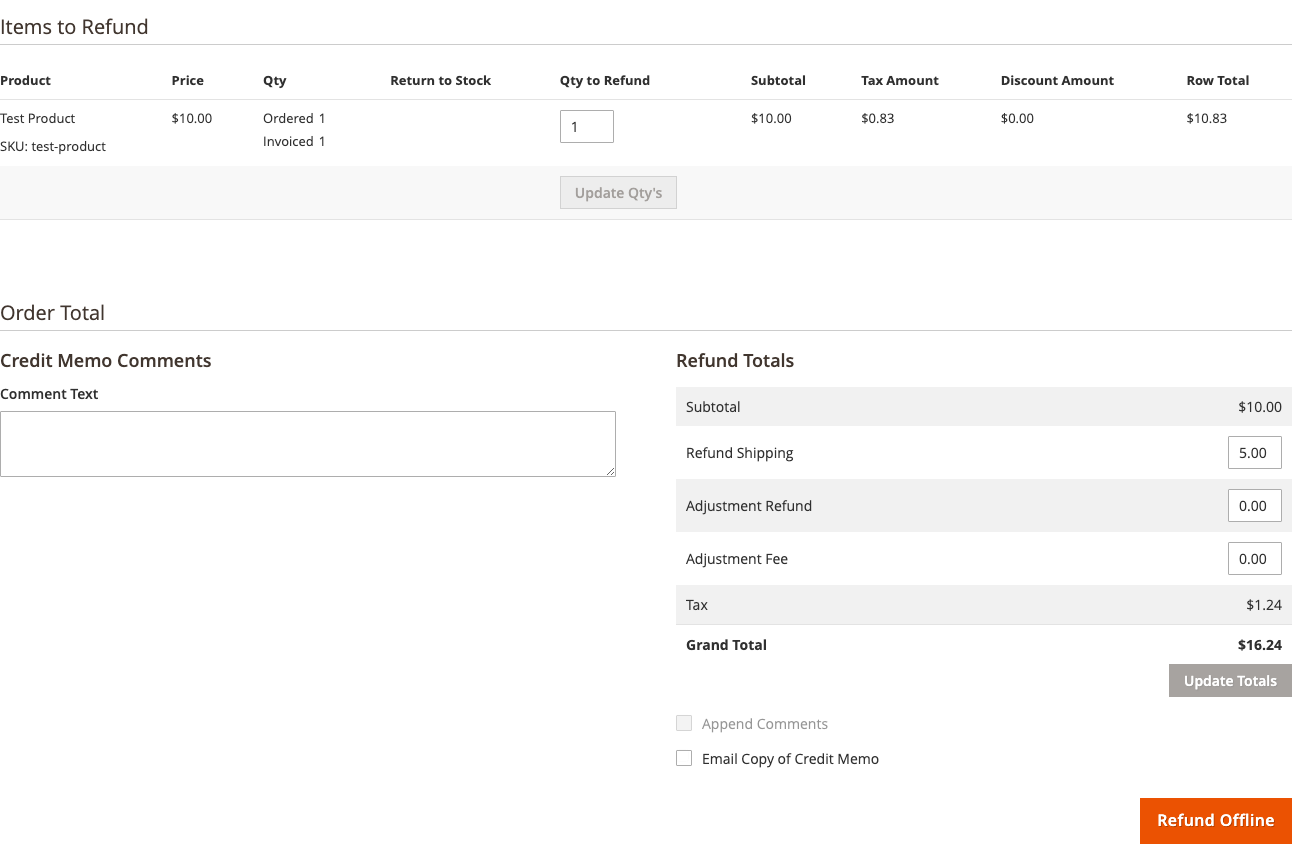 The credit memo screen, with per-item quantities to refund and the refund totals