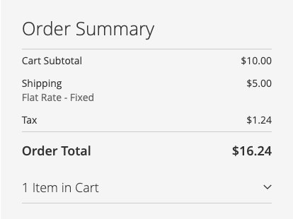 The checkout Order Summary with a Tax line between shipping and the order total
