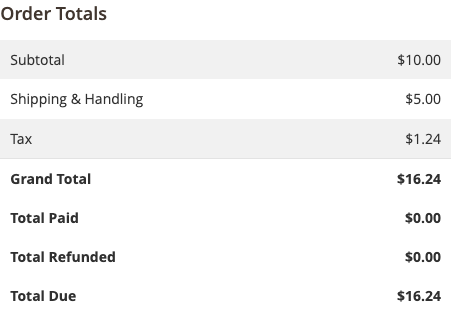 The order totals in the admin, showing the tax charged